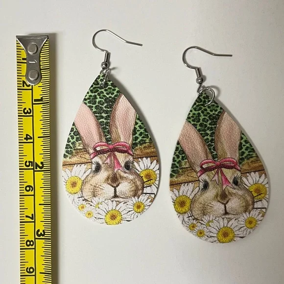 Bunny design, smooth teardrop , PU leather earrings. Colorful, new. 2.25”. NIP - Picture 3 of 5